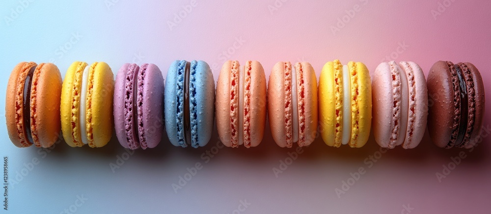 Poster colorful assortment of macarons arranged in a row on a gradient background with copy space for text.