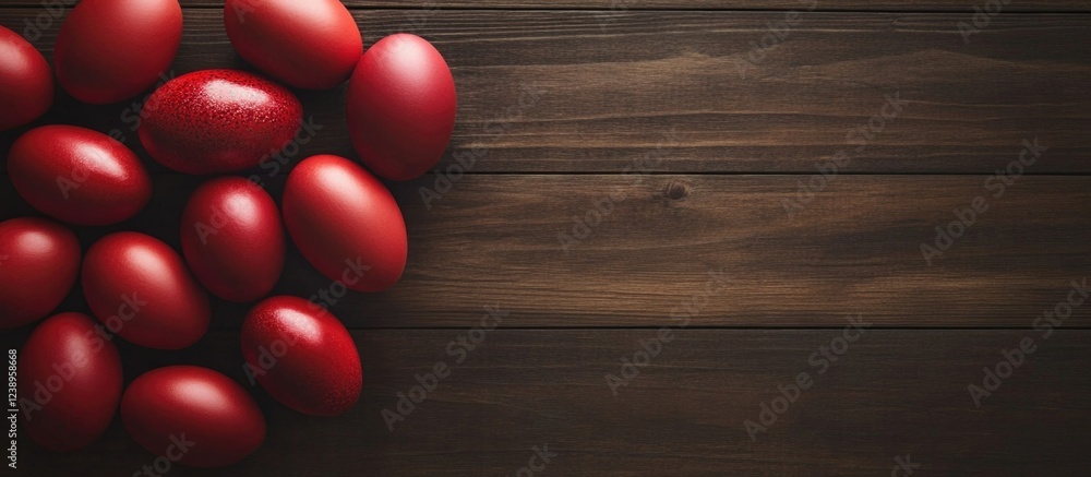 Poster red easter eggs arranged on rustic wooden surface with copy space for text insertion. perfect for ho