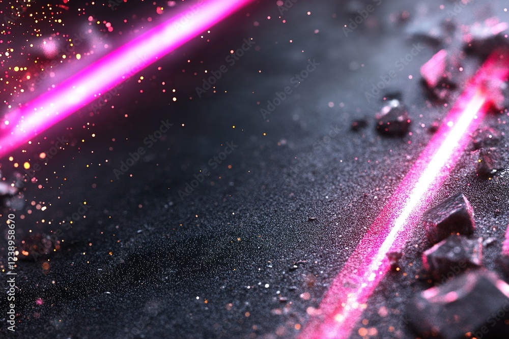 Poster dark abstract backdrop showcases vibrant red and pink neon lines with glitch effects, complemented b
