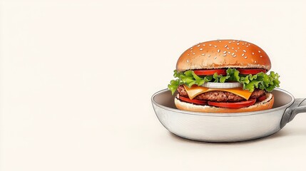 Delicious Fresh Burger with Cheese, Lettuce, Tomato, and Sesame Seed Bun in a Pan