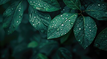 Fototapeta premium Beautiful dark green leaves with water droplets