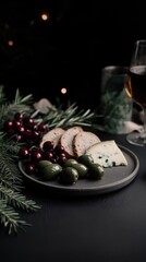 Festive cheese and olive platter with holiday decorations for elegant celebrations