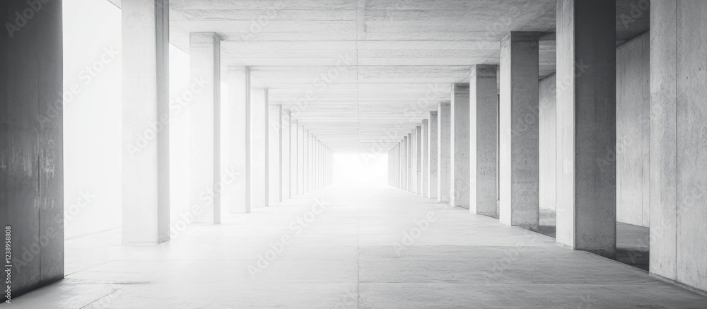 Poster concrete corridor with long rows of pillars and bright light at the end providing depth and minimali