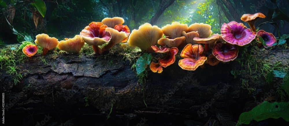 Poster Colorful mushrooms growing on a log in a dense forest with light filtering through the trees and moss on the ground Copy Space