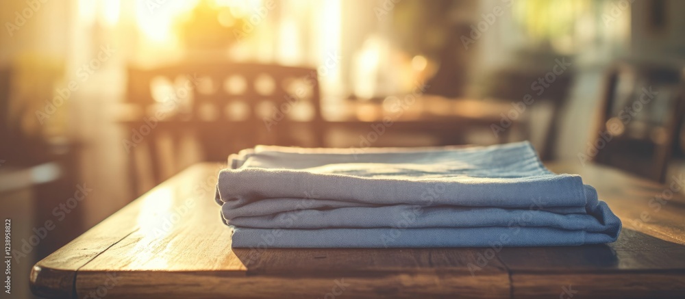 Aufkleber blue folded napkin on wooden table with soft sunlight in background and shallow depth of field copy 