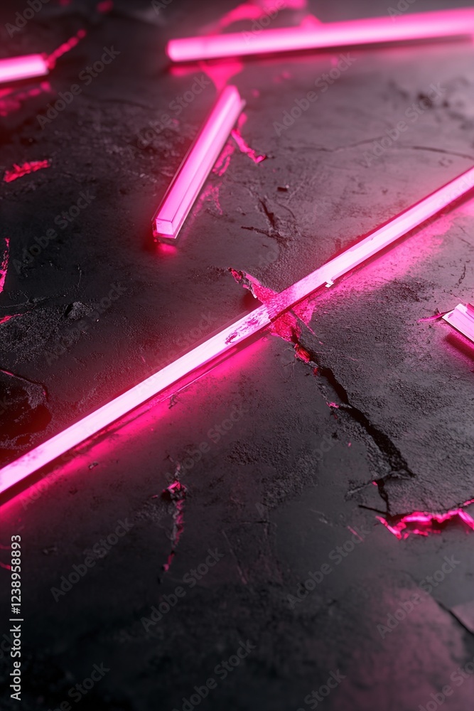 Poster dark abstract backdrop with red and pink neon lines creates a striking visual effect. scattered frag