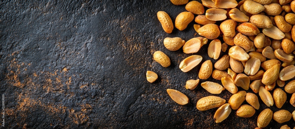Poster mixed assortment of raw peanuts on dark textured background with ample copy space for text