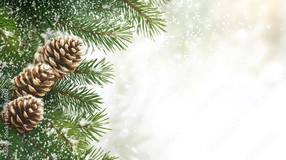 Poster pine branches with snow-covered pine cones on blurred winter background with copy space for text