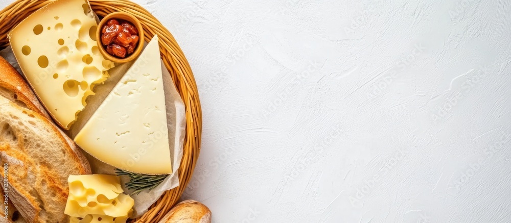 Aufkleber cheese platter with assorted cheeses and bread in a straw basket on a textured background with copy 