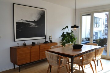 Modern dining room with large black and white artwork, wooden table, and rattan chairs.