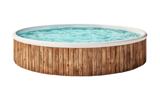 Above ground swimming pool with wooden decking, perfect for summer fun