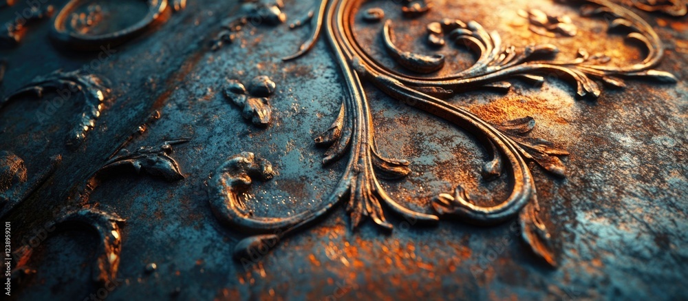 Aufkleber close-up of ornate metal surface with intricate patterns and textures illuminated by warm light show