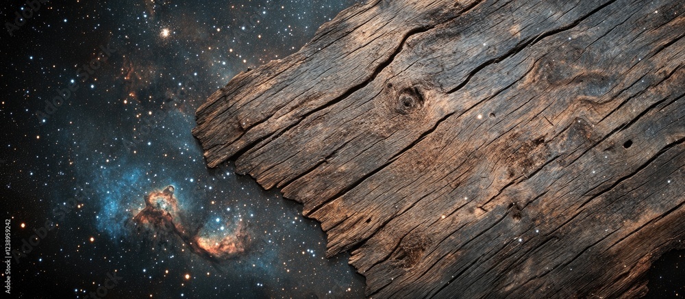 Aufkleber wooden texture against a cosmic starry background with blue and orange nebula elements and ample cop