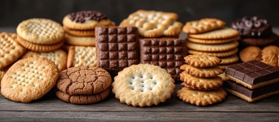 Fototapeta premium Variety of cookies stacked on rustic wooden table with dark background Copy Space