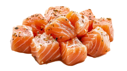 Fresh salmon fillet chunks marinated with herbs, ready for cooking