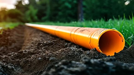 An orange pipe glistens with moisture as it lies partially buried in soil, symbolizing modern heating distribution systems.