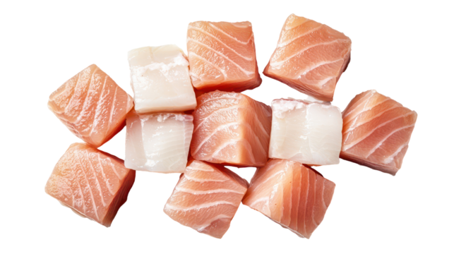 Fresh fish fillet cubes arranged neatly for sushi preparation