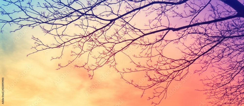 Aufkleber branching tree silhouette against a colorful gradient sky at sunset with copy space for text