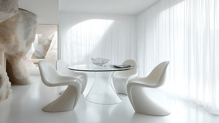 Minimalist Modern Dining Room with Sculptural Rock Feature and White Chairs