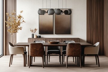 Modern dining room with wooden table, chairs, and artwork.