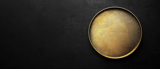 Golden round plate on dark textured background with ample copy space for text insertion