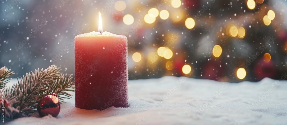 Aufkleber red candle with flame on snow-covered surface surrounded by pine branches and festive ornaments with