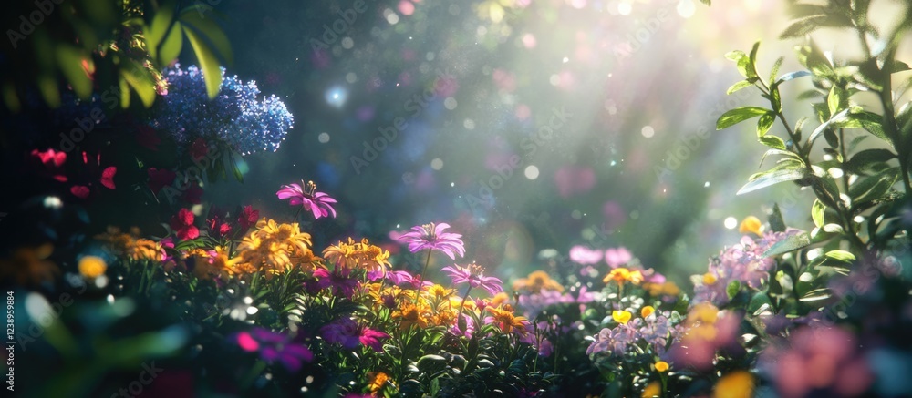 Poster colorful wildflower meadow with sunlight filtering through trees creating a dreamy atmosphere and sp