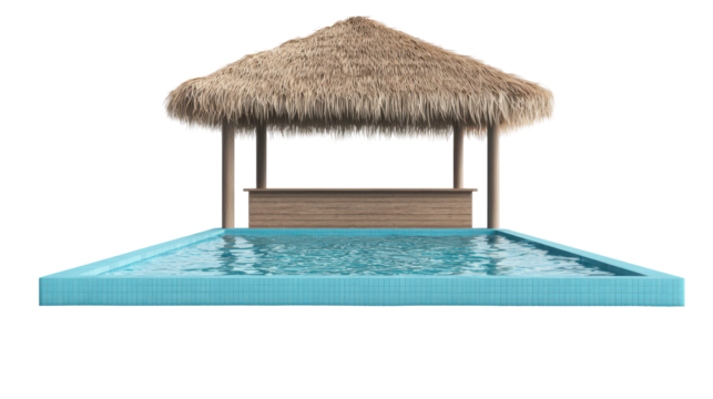 Tropical themed pool with swim up bar and thatched roof for relaxation