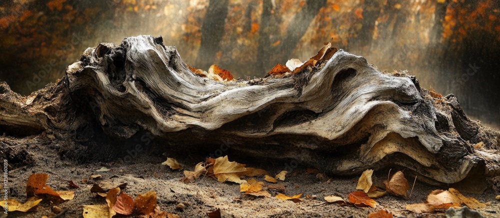 Poster decayed tree trunk surrounded by autumn leaves in a forest with soft light and muted colors. copy sp