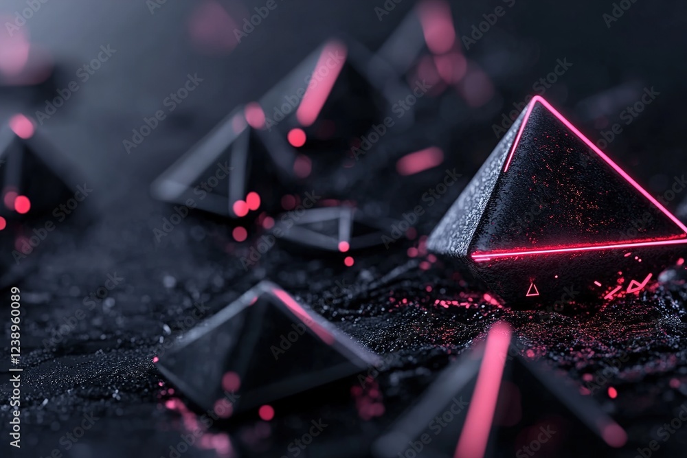 Poster geometric shapes such as triangles and rectangles illuminate the dark backdrop with neon pink and re