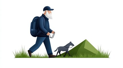 Elderly Man Hiking with Dog Near Green Hill in a Minimalist Style Illustration