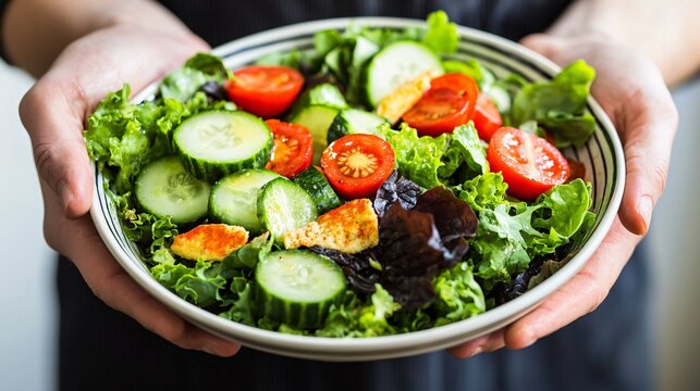 holding a salad bowl filled with leafy greens, tomatoes, and cucumbers, representing a healthy diet choice for reducing obesity and NCD risks. NCDs or non-communicable diseases are a group of 