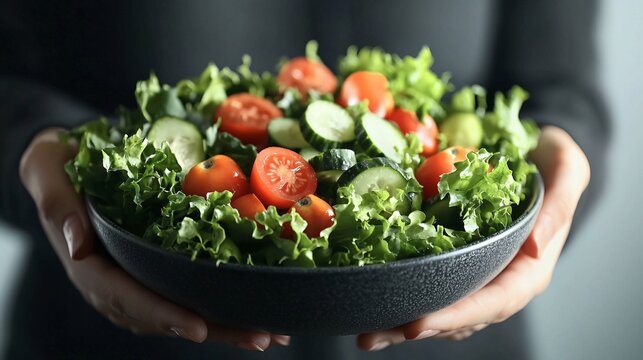 holding a salad bowl filled with leafy greens, tomatoes, and cucumbers, representing a healthy diet choice for reducing obesity and NCD risks. NCDs or non-communicable diseases are a group of 