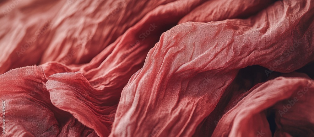 Poster close-up detail of wrinkled fabric texture in soft rose color suitable for backgrounds or textile de