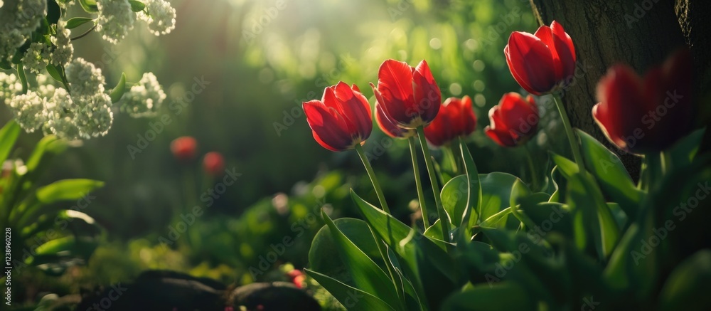Poster red tulips in a lush green garden with soft sunlight filtering through trees and vibrant foliage bac
