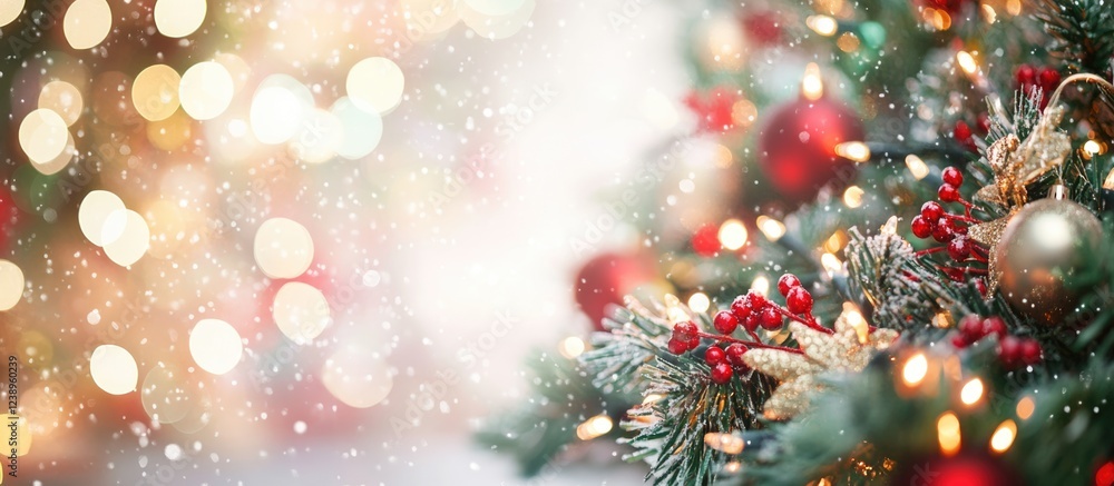Poster christmas tree branches adorned with decorations and snowflakes on blurred background with bokeh lig