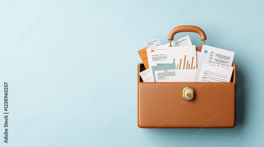 Poster business briefcase with documents and graphs on a light background