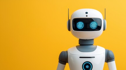 A charming robot figure with bright blue eyes stands against a vibrant yellow background, showcasing a friendly and futuristic design.
