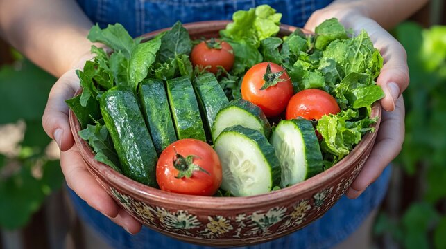 holding a salad bowl filled with leafy greens, tomatoes, and cucumbers, representing a healthy diet choice for reducing obesity and NCD risks. NCDs or non-communicable diseases are a group of 