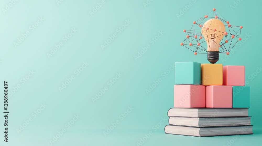 Poster light bulb with geometric network on colorful cubes and books