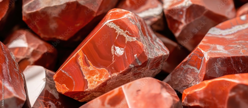 Poster close-up view of naturally occurring red jasper stones showcasing varying textures and patterns with