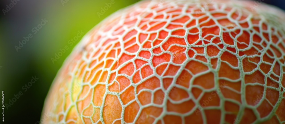 Poster close-up view of cantaloupe texture showing intricate patterns and colors with blurred green backgro