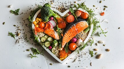 heart-shaped plate filled with healthy food like fish, vegetables, and grains, symbolizing heart disease prevention through diet. NCDs or non-communicable diseases are a group of chronic non-communica
