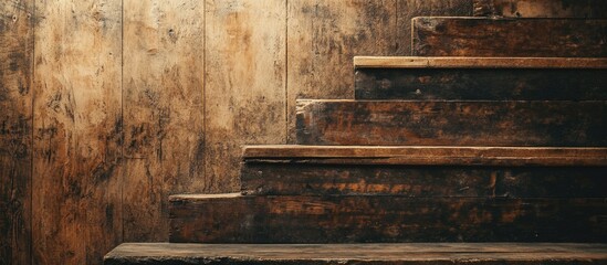 Wooden staircase with rustic texture and worn wooden planks against a weathered wooden wall Copy Space