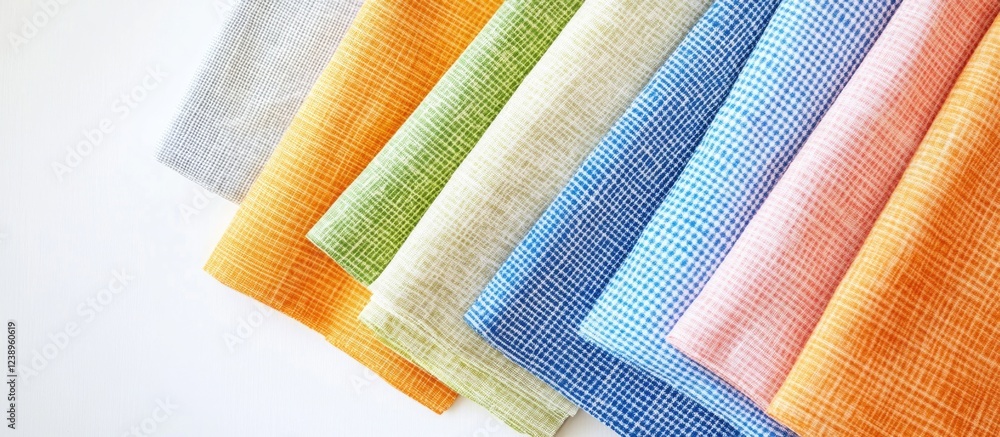 Poster colorful textile fabric swatches arranged in a diagonal pattern with various textures and patterns o