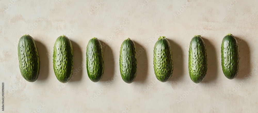 Poster fresh green cucumbers arranged in a row on a textured beige surface with ample copy space for text p