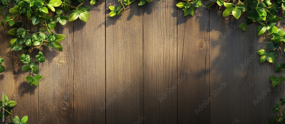 Poster wooden wall background adorned with green ivy leaves creating a natural frame with ample copy space 