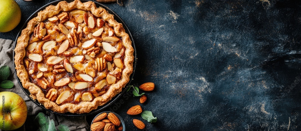 Poster apple pie with almonds and pecans on dark textured background with green apples and almonds copy spa
