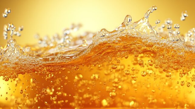 Golden liquid splashing with bubbles.