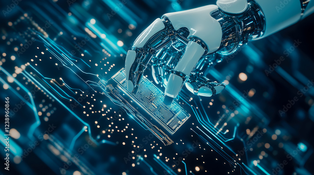 Poster a robotic hand interacts with advanced circuitry